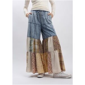Bluevelvet Chambray Cotton Floral Plaid Print Wide leg Pants